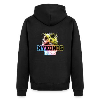 Mykonos 2025 Palmen Bunt - Unisex Premium Bio Zip Hoodie - Schwarz - Hinten - Nico (187cm)