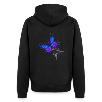 Schmetterling blau und violett mit Sternenhimmel - Unisex Premium Bio Zip Hoodie - Schwarz - Hinten - Nico (187cm)