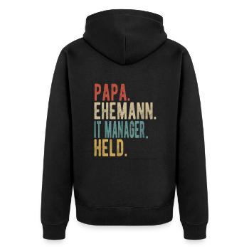 It Manager Papa Ehemann Held - Unisex Premium Bio Zip Hoodie - Schwarz - Hinten - Nico (187cm)