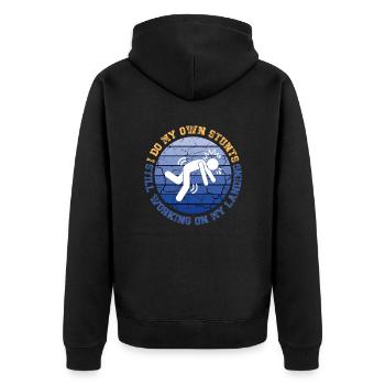 Ich mache meine eigenen Stunts und arbeite immer noch an meiner Landung - Unisex Premium Bio Zip Hoodie - Schwarz - Hinten - Nico (187cm)