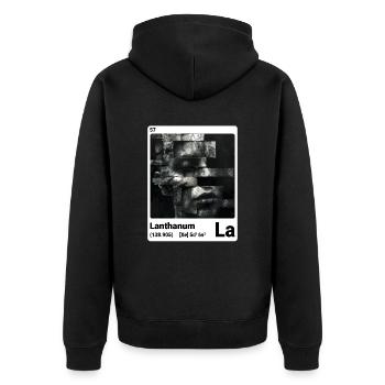 AI am Lanthan (wt) - Unisex Premium Bio Zip Hoodie - Schwarz - Hinten - Nico (187cm)
