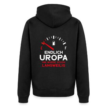 ERSTER URENKEL ENDLICH UROPA - Unisex Premium Bio Zip Hoodie - Schwarz - Hinten - Nico (187cm)