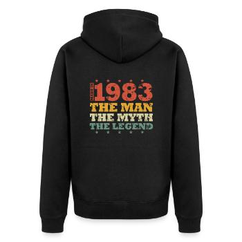 Born in 1983 Man Myth Legend - Unisex Premium Organic Zip Hoodie - black - Back - Nico (187cm)