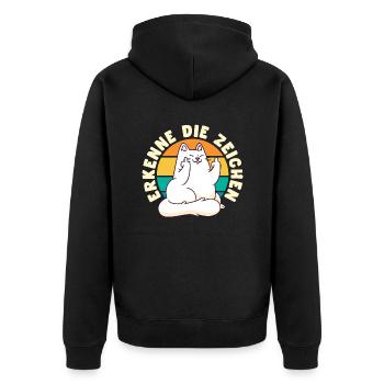 Erkenne die Zeichen, Katze, Mittelfinger, Stinke - Unisex Premium Bio Zip Hoodie - Schwarz - Hinten - Nico (187cm)