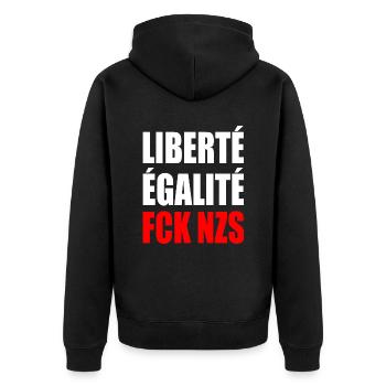 Liberté égalité fck nzs - Unisex Premium Organic Zip Hoodie - black - Back - Nico (187cm)