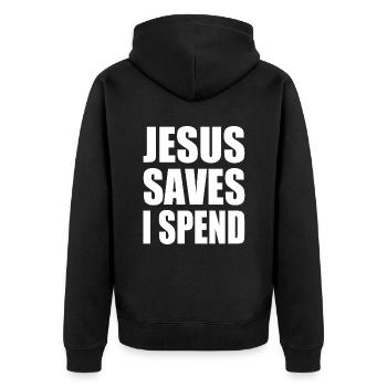 jesus saves i spend - Veste à capuche bio Premium Unisexe - noir - Dos - Nico (187cm)