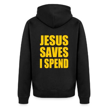 jesus saves i spend - Unisex Premium Bio Zip Hoodie - Schwarz - Hinten - Nico (187cm)