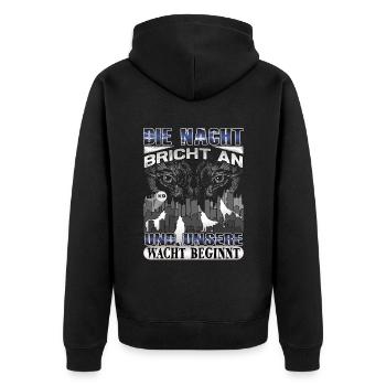 Hund Wolf Design –Polizei und Sicherheitsdienst - Unisex Premium Bio Zip Hoodie - Schwarz - Hinten - Nico (187cm)