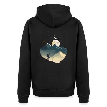 Backpacker in den Bergen, Mondschein - Unisex Premium Bio Zip Hoodie - Schwarz - Hinten - Nico (187cm)