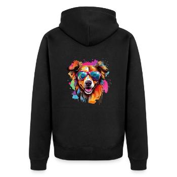 Cooler Hund mit Brille in bunten Farben. Hunde - Unisex Premium Bio Zip Hoodie - Schwarz - Hinten - Nico (187cm)