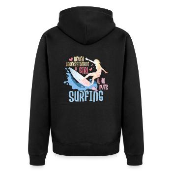 Never Underestimate A Girl Who Loves Surfing Board - Unisex Premium Organic Zip Hoodie - black - Back - Nico (187cm)