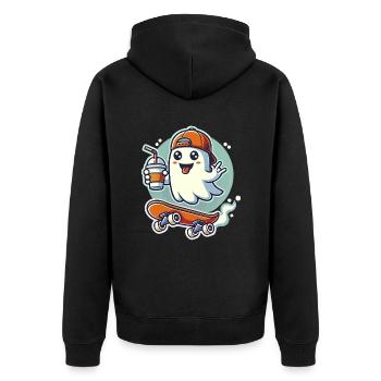 Halloween, Skateboard, Geist - Unisex Premium Bio Zip Hoodie - Schwarz - Hinten - Nico (187cm)