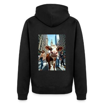 Lustige Kuh Selfie in einer belebten Stadt - Unisex Premium Bio Zip Hoodie - Schwarz - Hinten - Nico (187cm)