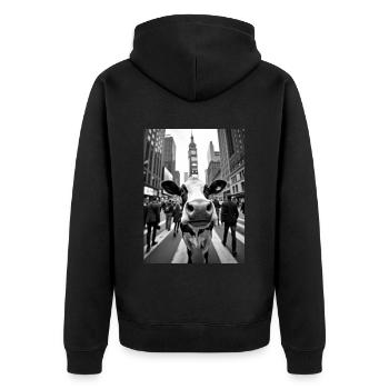 Lustige Kuh Selfie in einer belebten Stadt - Unisex Premium Bio Zip Hoodie - Schwarz - Hinten - Nico (187cm)