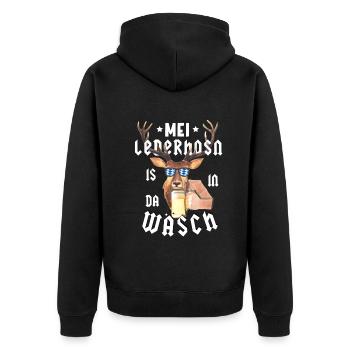 Lederhosn Oktober Hirsch Lederhosn Dirndl Shirt - Unisex Premium Bio Zip Hoodie - Schwarz - Hinten - Nico (187cm)