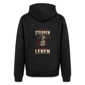 Wikinger Helm Design Lieber stehend sterben - Unisex Premium Bio Zip Hoodie - Schwarz - Hinten - Nico (187cm)