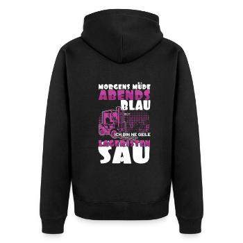 Morgens Müde Abends Blau Ich Bin Eine Geile - Unisex Premium Bio Zip Hoodie - Schwarz - Hinten - Nico (187cm)