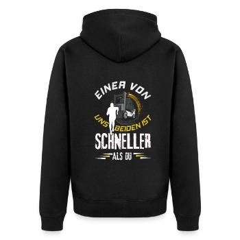 Einer Von Uns Beiden Ist Schneller Als Du Stapler - Unisex Premium Bio Zip Hoodie - Schwarz - Hinten - Nico (187cm)