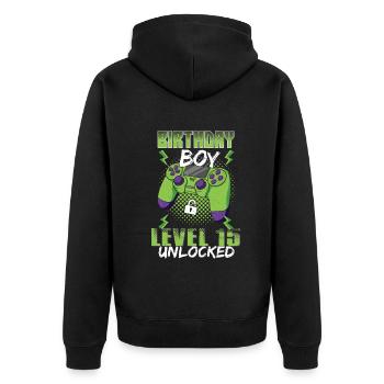Gamer Boy Amateur de jeux vidéo 15 ans Déverrouillé - Veste à capuche bio Premium Unisexe - noir - Dos - Nico (187cm)