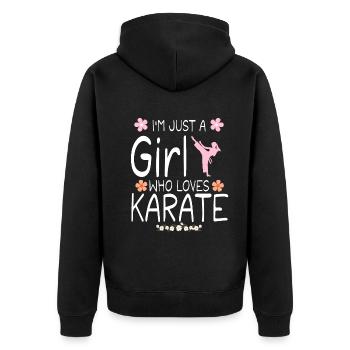 Ich bin nur ein Mädchen, das Karate liebt T-Shirt - Unisex Premium Bio Zip Hoodie - Schwarz - Hinten - Nico (187cm)