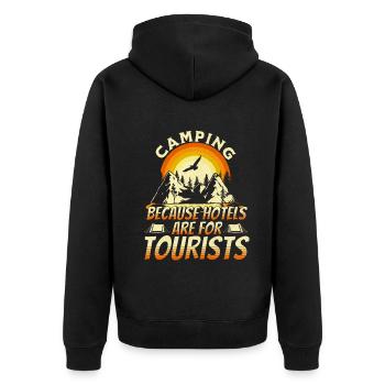 Camping because hotels are for tourists - Veste à capuche bio Premium Unisexe - noir - Dos - Nico (187cm)
