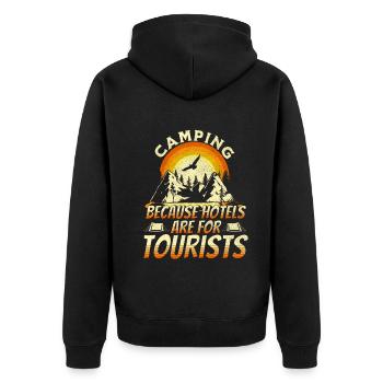 Camping because hotels are for tourists - Veste à capuche bio Premium Unisexe - noir - Dos - Nico (187cm)