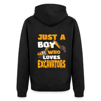 Baufahrzeug Nur ein Junge, der Excavato liebt - Unisex Premium Bio Zip Hoodie - Schwarz - Hinten - Nico (187cm)