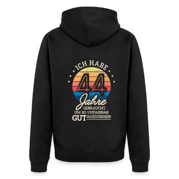 44. Geburtstag Geschenk Habe 44 Jahre Gebraucht - Unisex Premium Bio Zip Hoodie - Schwarz - Hinten - Nico (187cm)