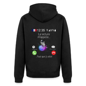 La lecture M appelle Faut que j y aille 1 - Veste à capuche bio Premium Unisexe - noir - Dos - Nico (187cm)