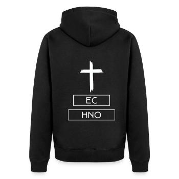 Cross Religion Raver Rave Hard Techno Dark Tekno - Unisex Premium Bio Zip Hoodie - Schwarz - Hinten - Nico (187cm)