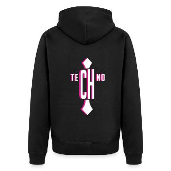 Raver, Rave, Hard, Techno, Dark Tekno, Religion - Unisex Premium Bio Zip Hoodie - Schwarz - Hinten - Nico (187cm)