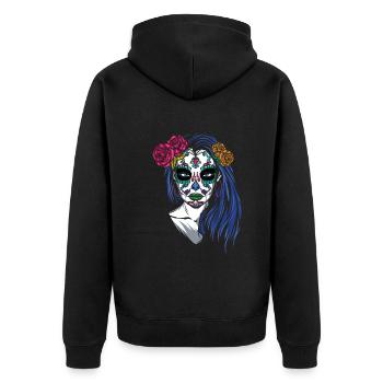 Lady La Catrina Mexiko Blumenmuertos Tag der Toten - Unisex Premium Bio Zip Hoodie - Schwarz - Hinten - Nico (187cm)