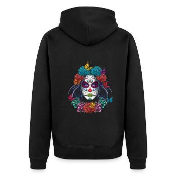 Mexiko Blumenmuertos Tag der Toten La Catrina - Unisex Premium Bio Zip Hoodie - Schwarz - Hinten - Nico (187cm)