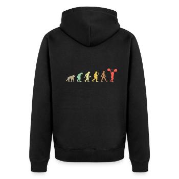 Gewichtheben Retro Bodybuilding Evolution Passformen - Unisex Premium Bio Zip Hoodie - Schwarz - Hinten - Nico (187cm)