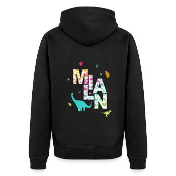 MILAN - Schöner Jungen Name mit Dinosaurier - Unisex Premium Bio Zip Hoodie - Schwarz - Hinten - Nico (187cm)