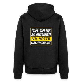 Nachtschicht, Schichtdienst, Nachtdienst, Funshirt - Unisex Premium Bio Zip Hoodie - Schwarz - Hinten - Nico (187cm)