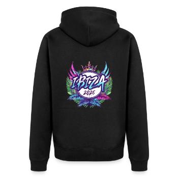 Ibiza 2025 Bunt - Unisex Premium Bio Zip Hoodie - Schwarz - Hinten - Nico (187cm)