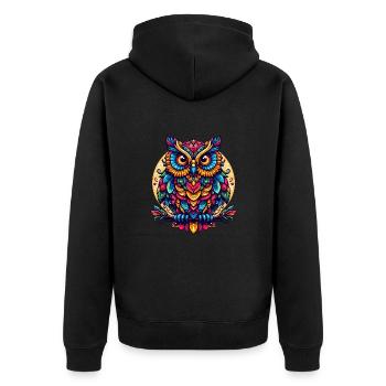 EULE UHU GREIFVOGEL WALDKAUZ FEDER REGENBOGEN BUNT - Unisex Premium Bio Zip Hoodie - Schwarz - Hinten - Nico (187cm)