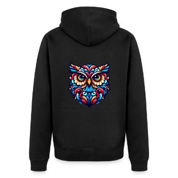 EULE UHU GREIFVOGEL WALDKAUZ FEDER REGENBOGEN BUNT - Unisex Premium Bio Zip Hoodie - Schwarz - Hinten - Nico (187cm)