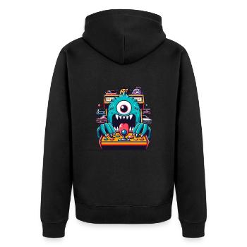 ARCADE SPIELAUTOMAT CASINO JOYSTICK MONSTER CRAZY - Unisex Premium Bio Zip Hoodie - Schwarz - Hinten - Nico (187cm)