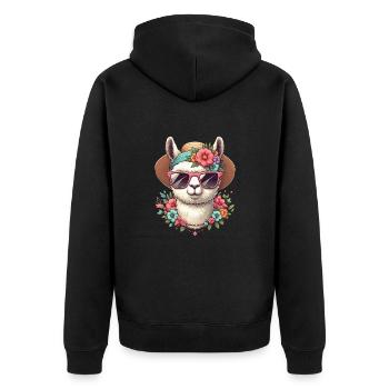 ALPAKA SOMMERHUT BLUME STRAUSS HIPPIE BRILLE KETTE - Unisex Premium Bio Zip Hoodie - Schwarz - Hinten - Nico (187cm)