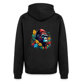 GORILLA AFFE TIER BUNT HERBST BLÄTTER ERNST WÜTEND - Unisex Premium Bio Zip Hoodie - Schwarz - Hinten - Nico (187cm)