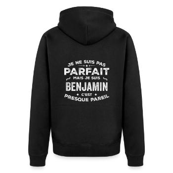 Benjamin Ein Vorname, eine Geschichte, eine Persönlichkeit - Unisex Premium Bio Zip Hoodie - Schwarz - Hinten - Nico (187cm)