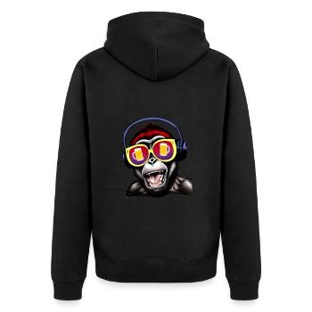 Affe mit Kopfhörer, Brille, Bierkrug, Party Musik - Unisex Premium Bio Zip Hoodie - Schwarz - Hinten - Nico (187cm)