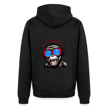 Affe mit Kopfhörer, Brille, Palmen, Latino Musik - Unisex Premium Bio Zip Hoodie - Schwarz - Hinten - Nico (187cm)