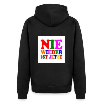 Nie wieder ist jetzt - Unisex Premium Bio Zip Hoodie - Schwarz - Hinten - Nico (187cm)