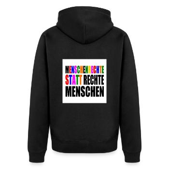 menschenrechte statt rechte menschen - Unisex Premium Bio Zip Hoodie - Schwarz - Hinten - Nico (187cm)