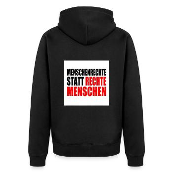 menschenrechte statt rechte menschen - Unisex Premium Bio Zip Hoodie - Schwarz - Hinten - Nico (187cm)