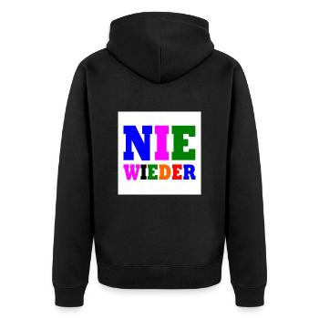 Nie wieder - Unisex Premium Bio Zip Hoodie - Schwarz - Hinten - Nico (187cm)