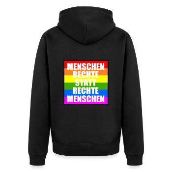 menschenrechte statt rechte menschen - Unisex Premium Bio Zip Hoodie - Schwarz - Hinten - Nico (187cm)